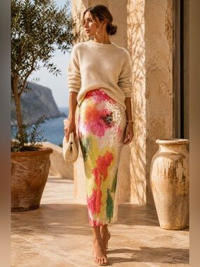 NWT Silvia Tcherassi Sarla Sequin Floral Midi Skirt Spring Blooms Size L